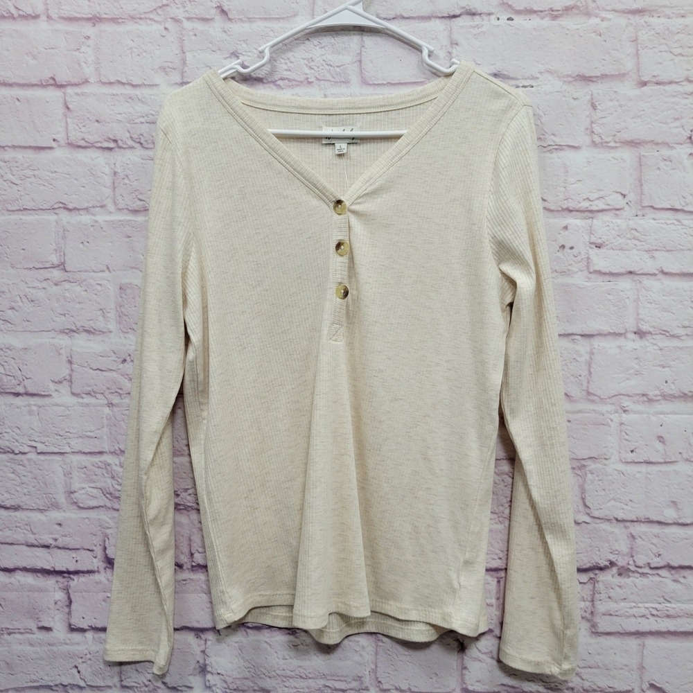 NEW Wonderly Cream Ribbed Henley Shirt Women L Long Sleeve VNeck Casual Coquette
